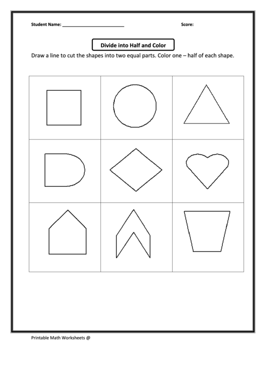 Divide Into Half And Color Worksheet Printable pdf