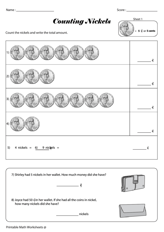 Counting Nickels Worksheet Printable pdf