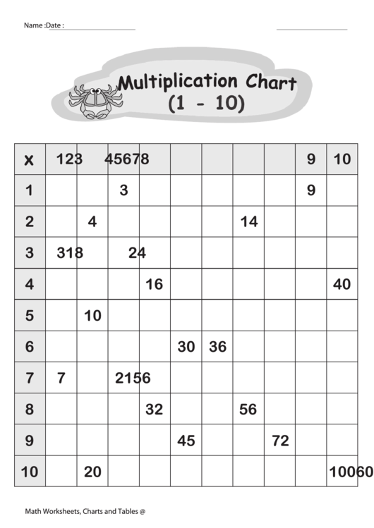 Multiplication Chart 1-10 - B/w Crab Printable pdf