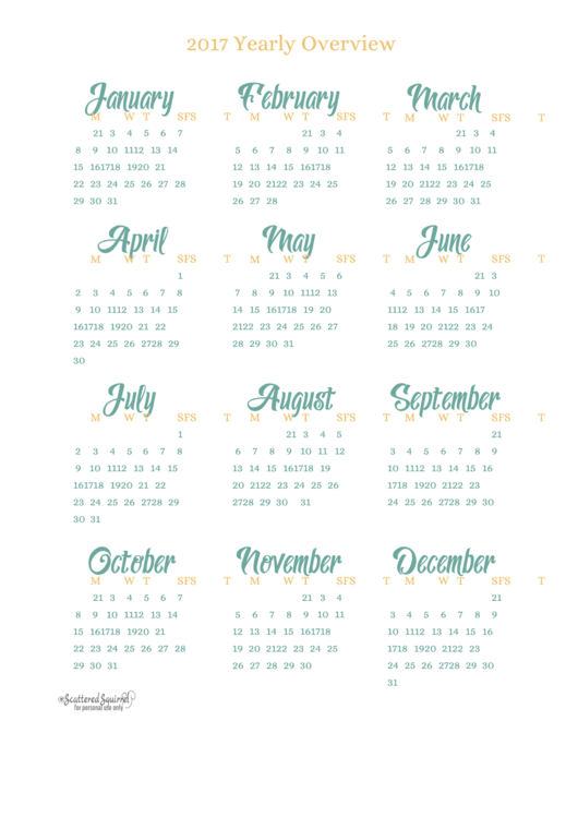 2017 Yearly Overview Calendar Template Printable pdf