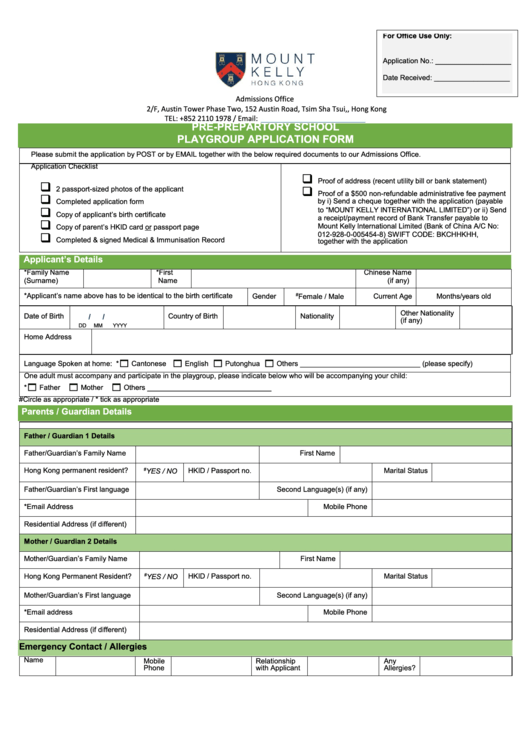 Application Form-Playgroup - Mount Kelly Hong Kong Printable pdf