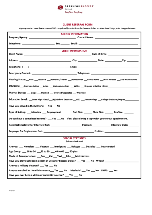 Client Referral Form - Dress For Success Dallas Printable pdf