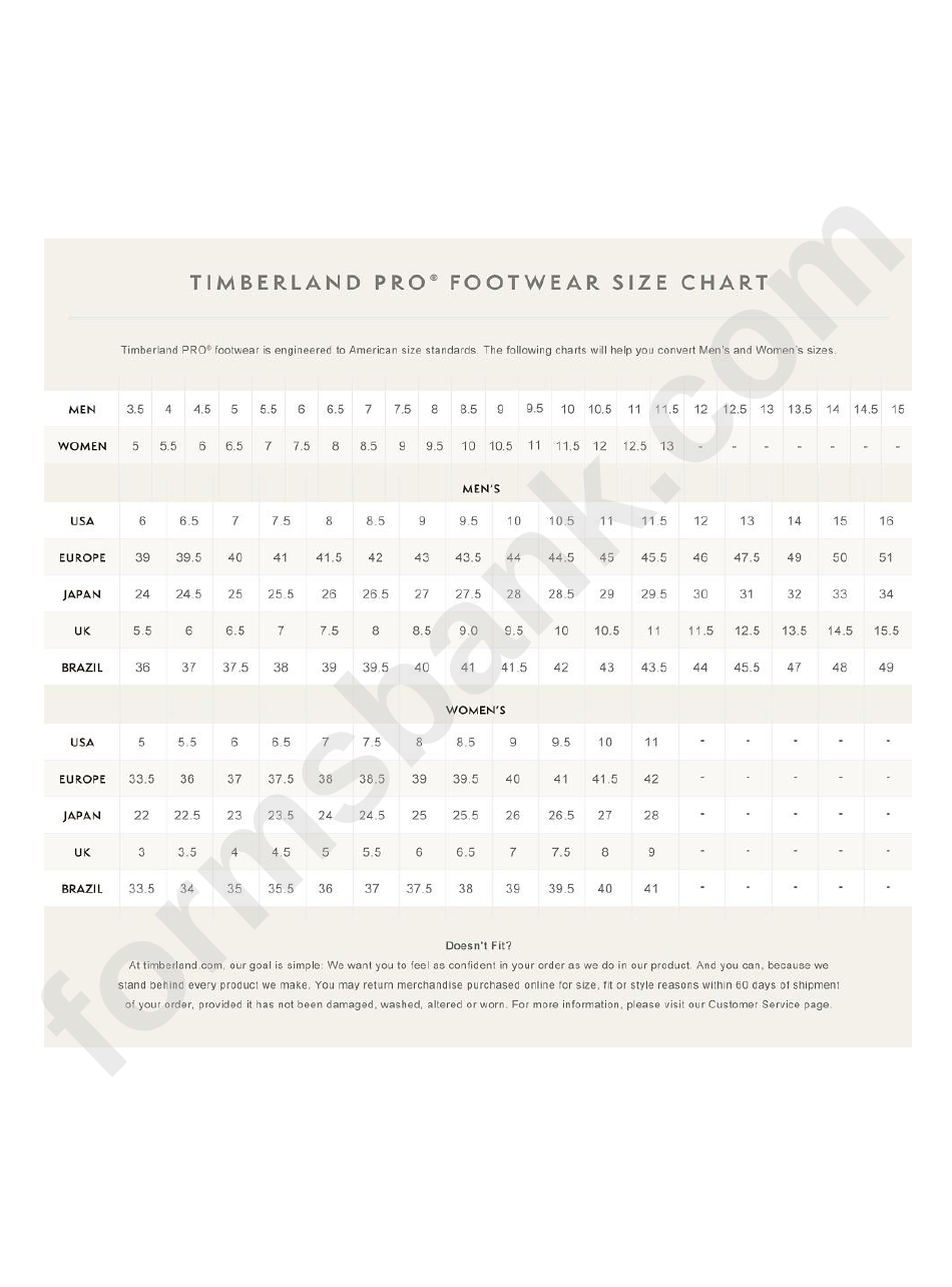 Timberland Pro Footwear Sizing Chart