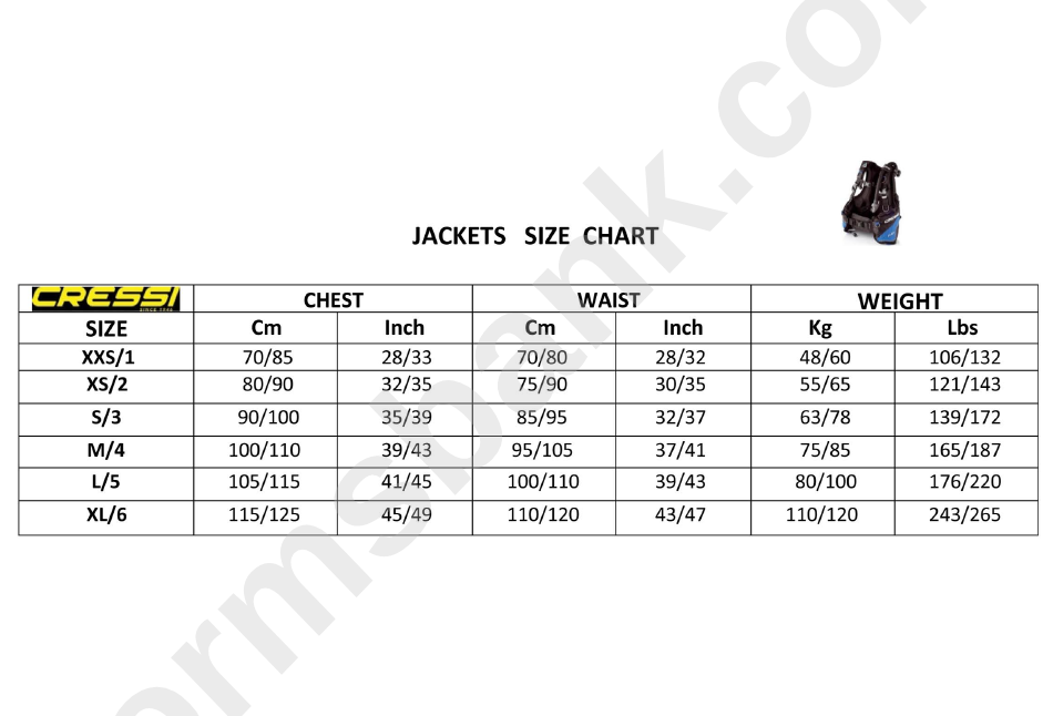 Cressi Jackets Size Chart