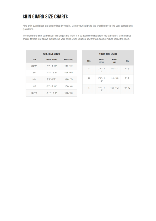 Nike Shin Guard Size Chart Printable pdf