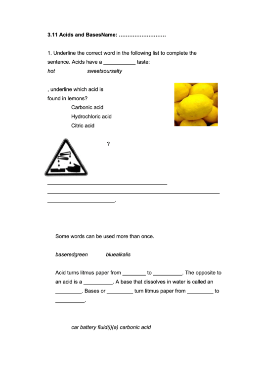 Acids And Bases Worksheet Printable pdf