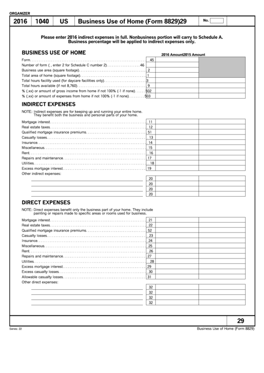 Business Use Of Home (Form 8829) Organizer - 2016 Printable pdf