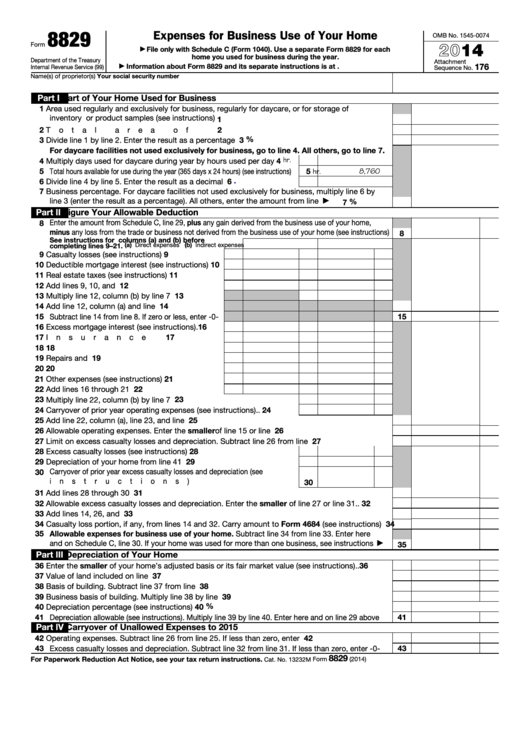 Fillable Form 8829 - Expenses For Business Use Of Your Home - 2014 Printable pdf