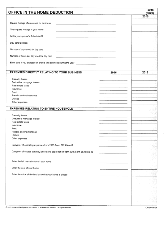 Office In Home Deduction Organizer - 2016 Printable pdf