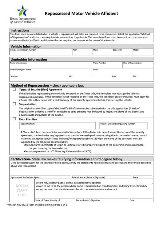 Fillable Form Vtr-264 - Repossessed Motor Vehicle Affidavit Printable pdf