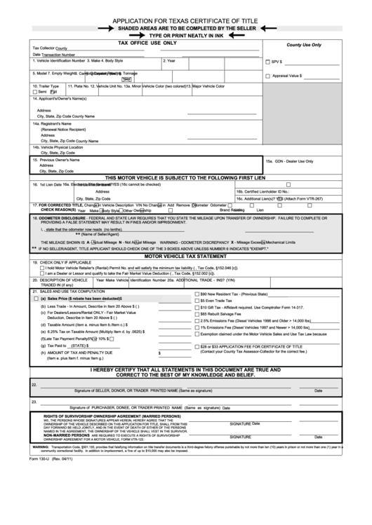 Form 130-U - Application For Texas Certificate Of Title Printable pdf