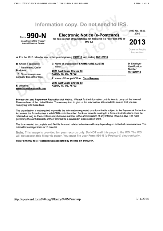 Form 990-N - Farmshare Austin Printable pdf