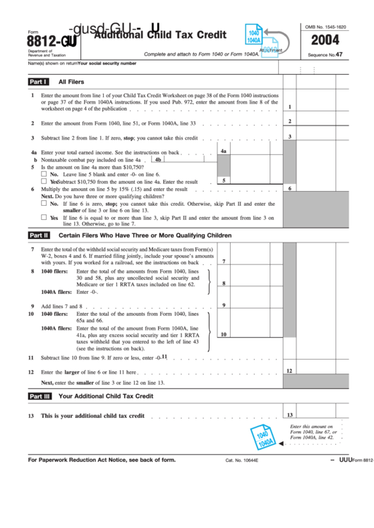 Fillable Form 8812-Gu - Additional Child Tax Credit Printable pdf