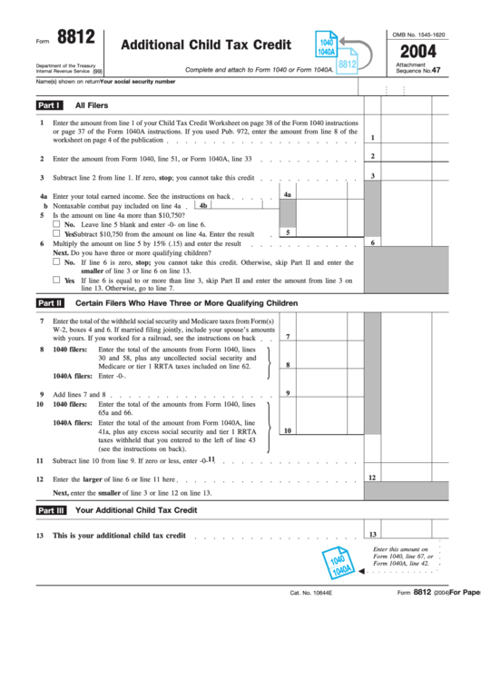Fillable Form 8812 - Additional Child Tax Credit Printable pdf