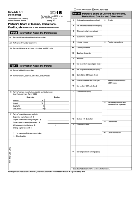 Form 8865 - Schedule K-1 - Partner's Share Of Income, Deductions, Credits, Etc - 2015