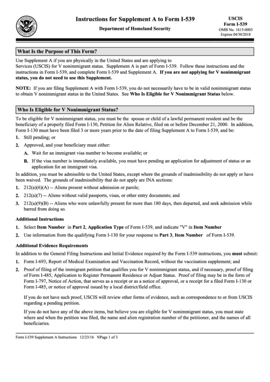 Supplement A To Form I-539 - Uscis Printable pdf