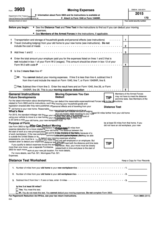 Form 3903 - Moving Expenses (2015) Printable pdf