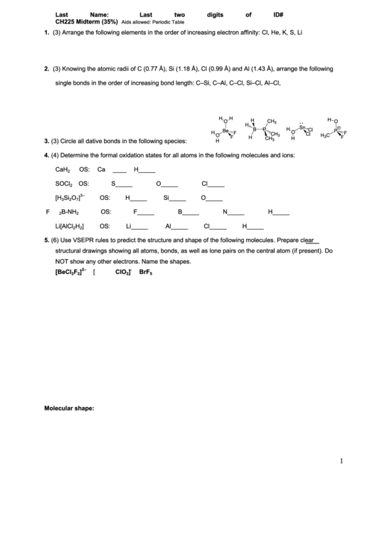 Midterm Chemistry Test Printable pdf