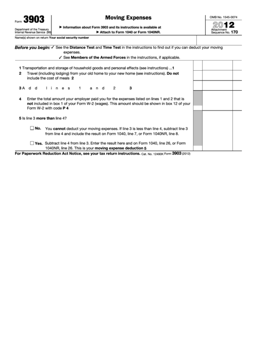Fillable Form 3903 - Moving Expenses (2012) Printable pdf