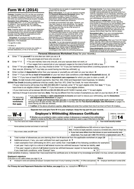 Form W 4 Employee #39 S Withholding Allowance Certificate 2014