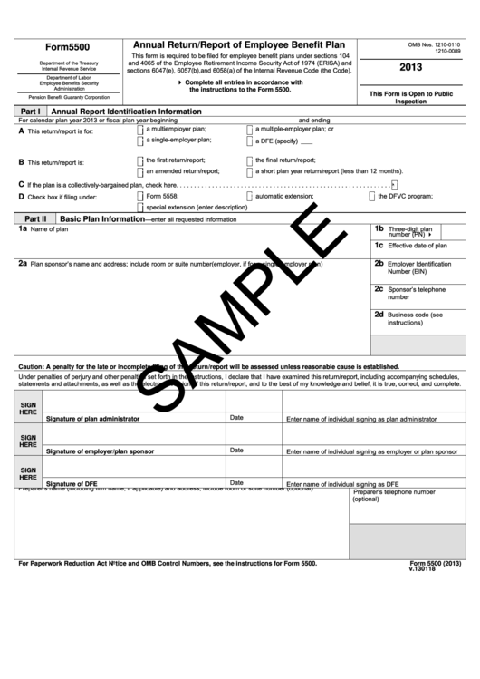 Fillable Form 5500 - Annual Return/report Of Employee Benefit Plan - 2013 Printable pdf