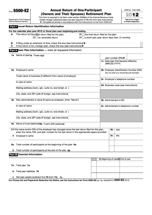 Fillable Form 5500-Ez - Annual Return Of One-Participant (Owners And Their Spouses) Retirement Plan - 2012 Printable pdf