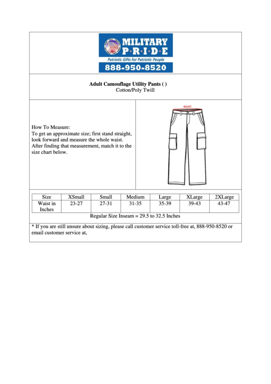 Military Pride Bdu Pants Size Chart Printable pdf