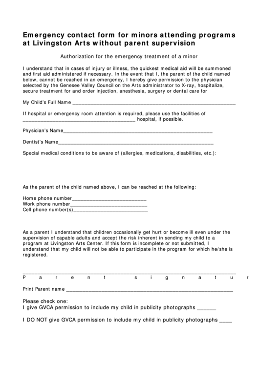 Emergency Contact Form - Livingston Arts Printable pdf