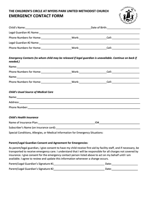 emergency contact form the childrens circle printable pdf download