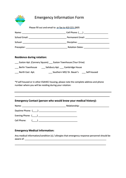 Emergency Information Form Printable pdf