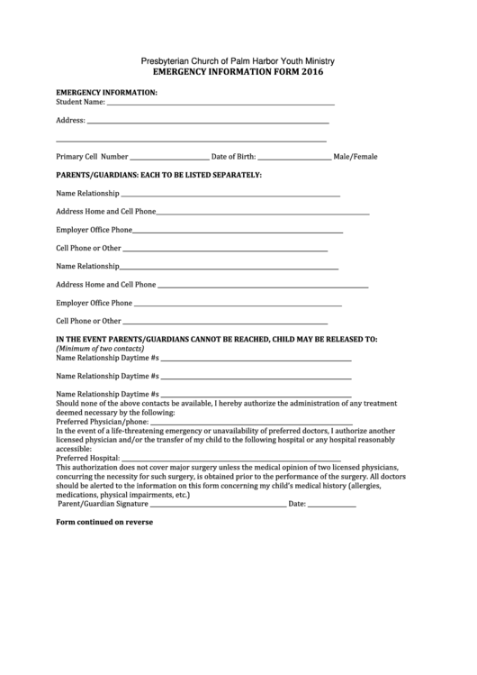 Emergency Information Form Printable pdf