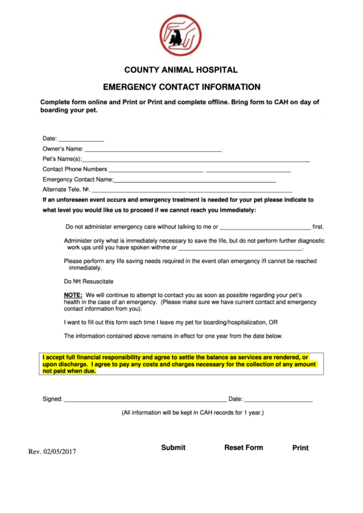 Fillable Emergency Contact Information Form - County Animal Hospital Printable pdf