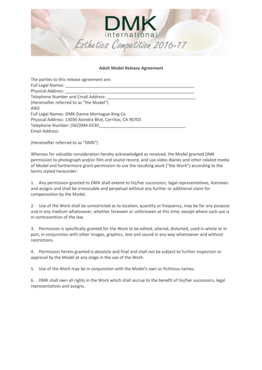 Adult Model Release Agreement Printable pdf