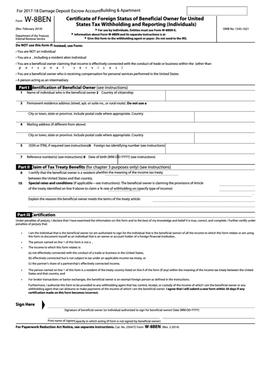 Fillable Form W-8ben - Certificate Of Foreign Status Of Beneficial Owner For United States Tax Withholding And Reporting (Individuals) - 2014 Printable pdf