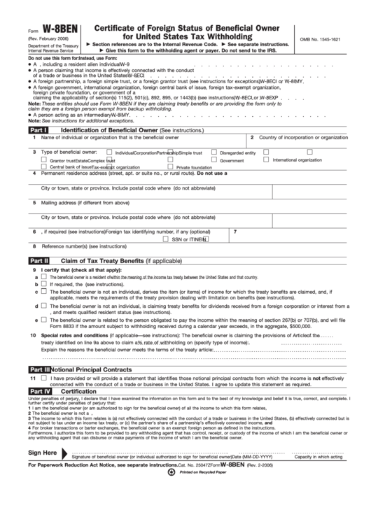 Fillable Form W-8ben - Certificate Of Foreign Status Of Beneficial Owner For Us Tax Withholding - 2006 Printable pdf