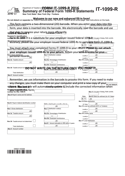 Fillable Form 1099-R - Record 3 - 2016 Printable pdf