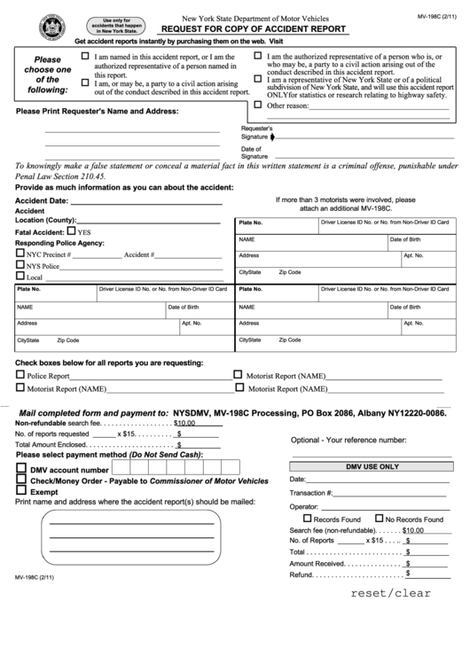 Fillable Form Mv-198c - Request For Copy Of Accident Report Printable pdf
