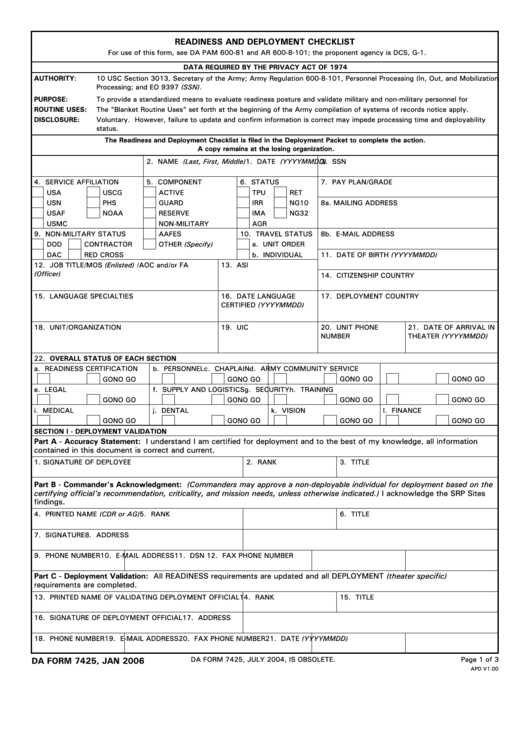 Da Form 7425 - Readiness And Deployment Checklist Printable pdf