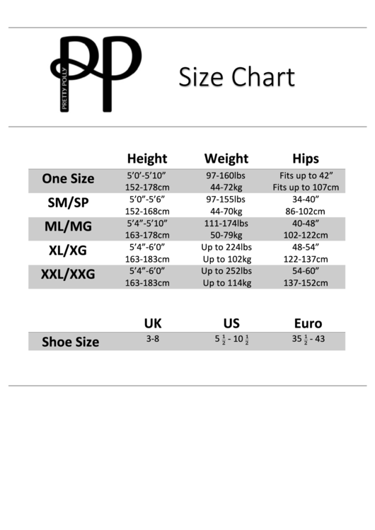 Pretty Polly Size Chart Printable pdf