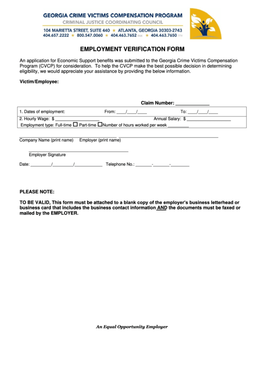 Employment Verification Form - Short Form Printable pdf