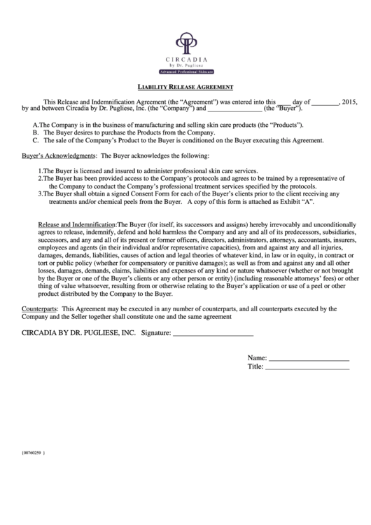 Professional Liability Release Form - Circadia Printable pdf