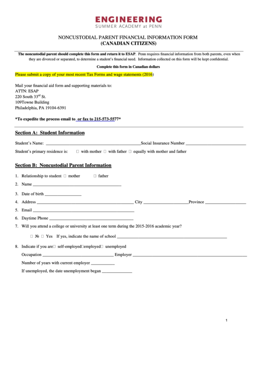 Fillable Noncustodial Parent Financial Information Form (Canadian Citizens) Printable pdf
