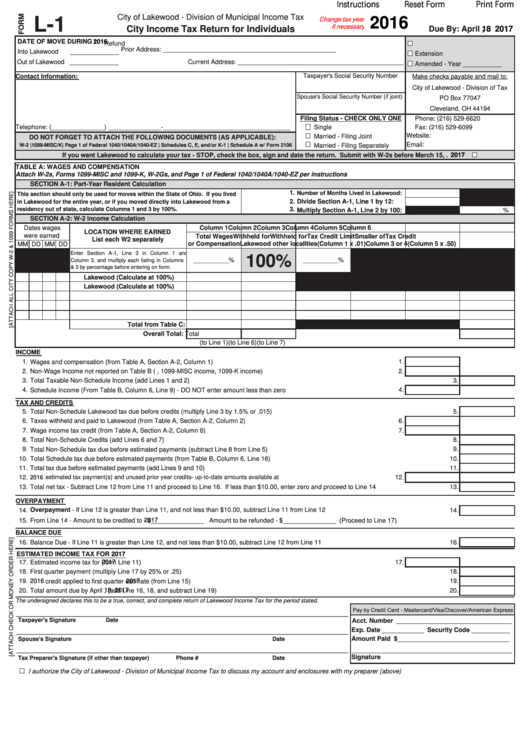 Fillable Form L-1 - City Income Tax Return For Individuals - 2016 Printable pdf