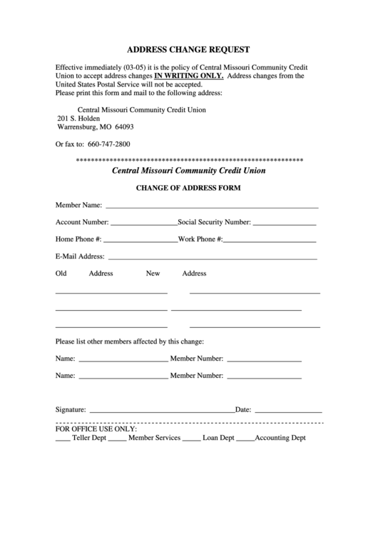 Address Change Requests - Central Missouri Community Credit Union Printable pdf