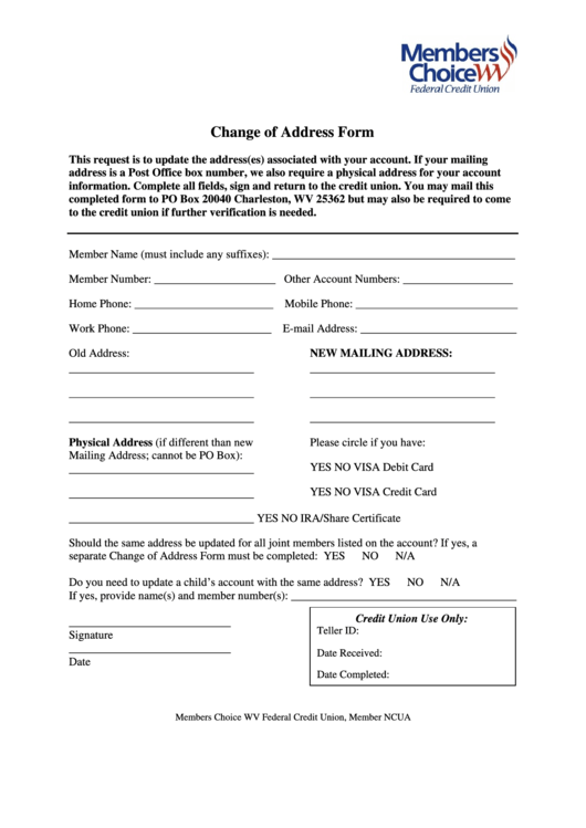 Change Of Address Form - Members Choice Wv Fcu Printable pdf