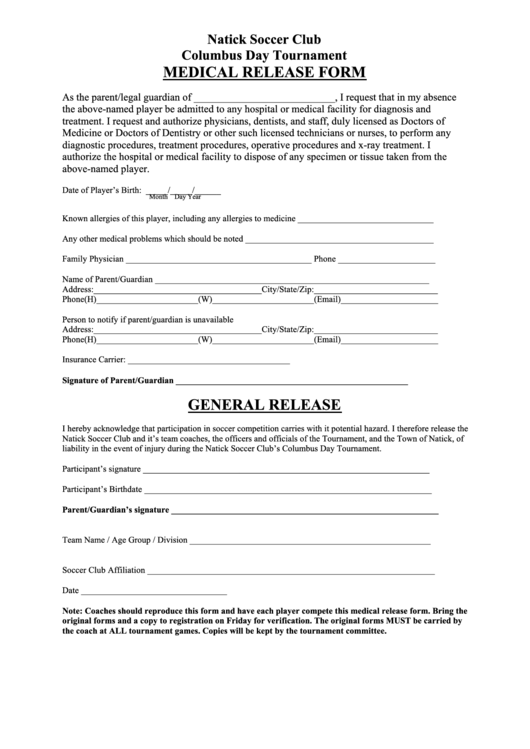 Medical Release Form General Release - Natick Soccer Printable pdf