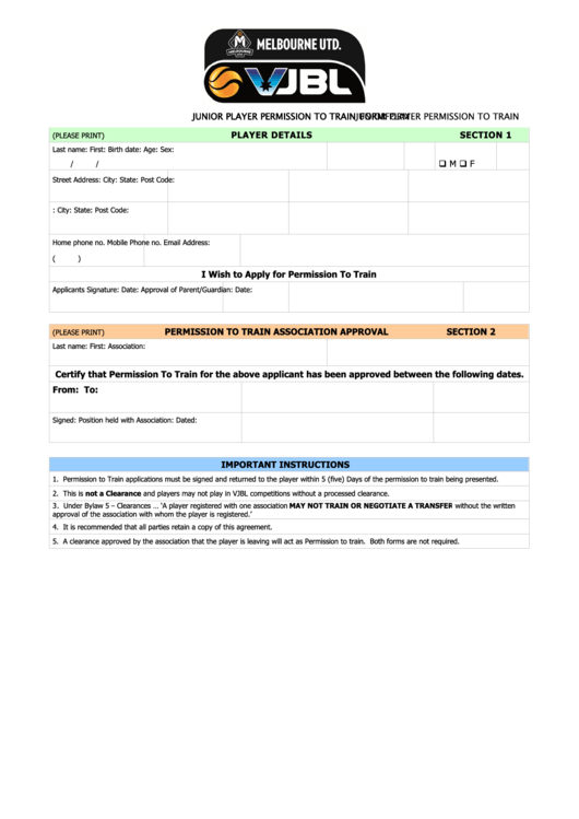 Permission To Train Form - Vjbl Printable pdf