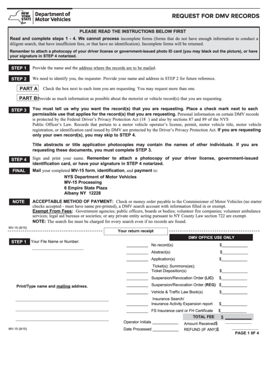 Fillable Form Mv-15 - Request For Dmv Records Printable pdf