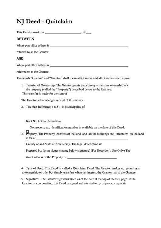 Nj - Quitclaim Deed Form Printable pdf