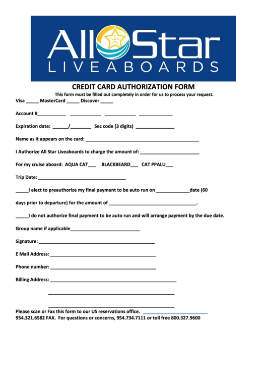 Credit Card Authorization Form - All Star Liveaboards Printable pdf